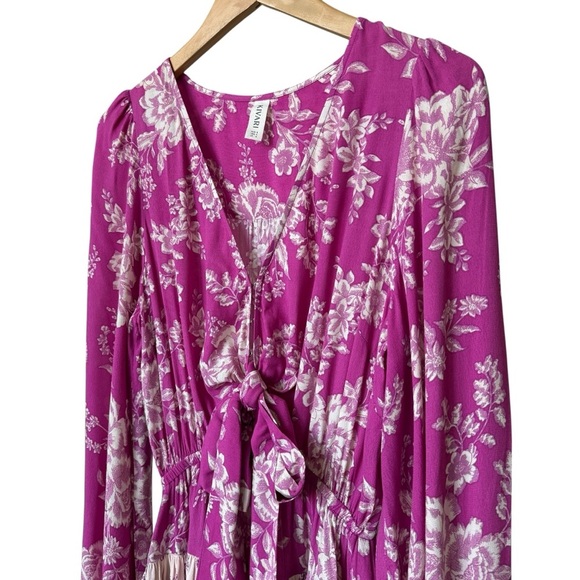 Kivari Maeve Women's Sz 4 Pink Floral Plunge Mini Dress Front Tie Casual Ruffle - Picture 5 of 11